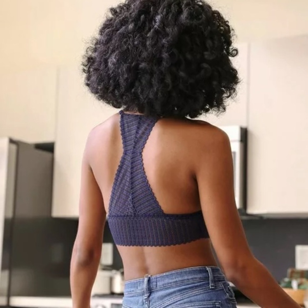 Navy Ribbed Lace Boho Triangle Bralette